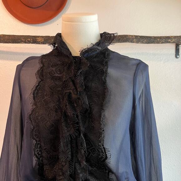 Navy Blue Silk Semi Sheer Black Lace Trim Long Sleeve Tie Front Blouse Size XS - Picture 1 of 13